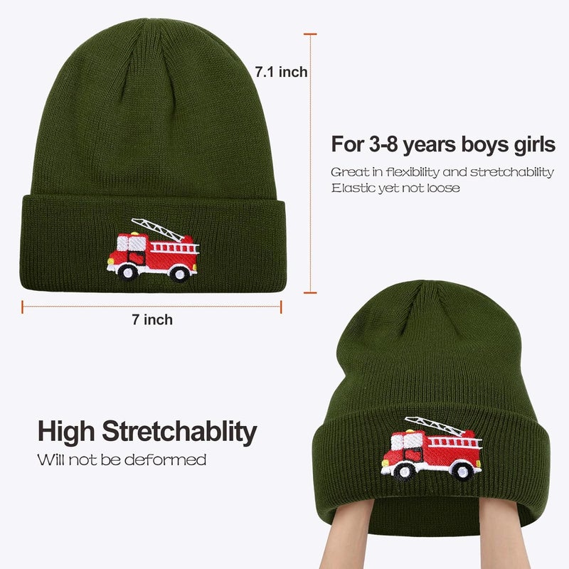 KDVOG Store Kids Knit Beanie Cute Fire Trucks Embroidery Warm Cuffed Skull Caps Classic Autumn Winter Hats for Boys Girls 3-8 Years - Image 4